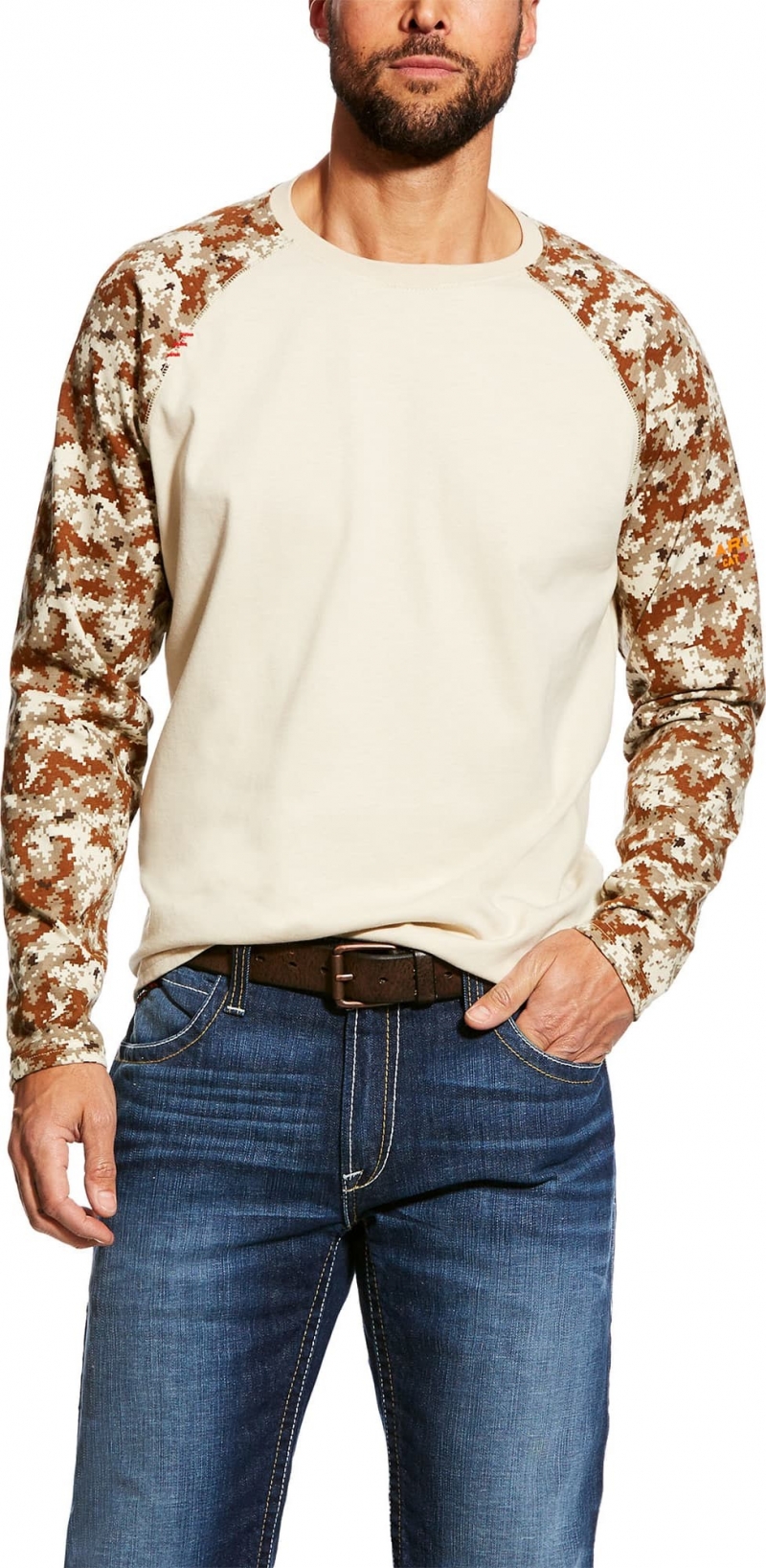 *SALE* ONLY SIZE 3XLT LEFT!! Ariat FR Baseball Crewneck L/S Shirt - Sand/Digi Camo