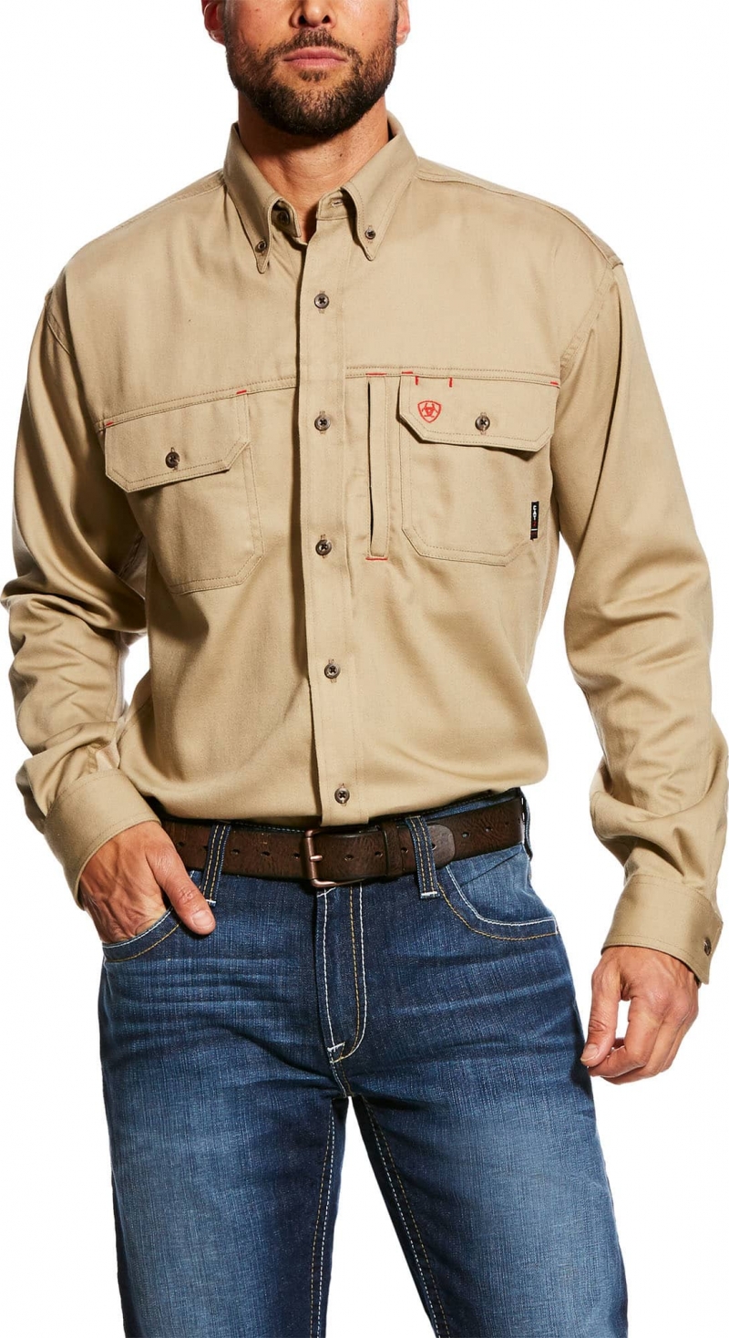 Ariat FR Button Front Solid Vented Shirt - Khaki
