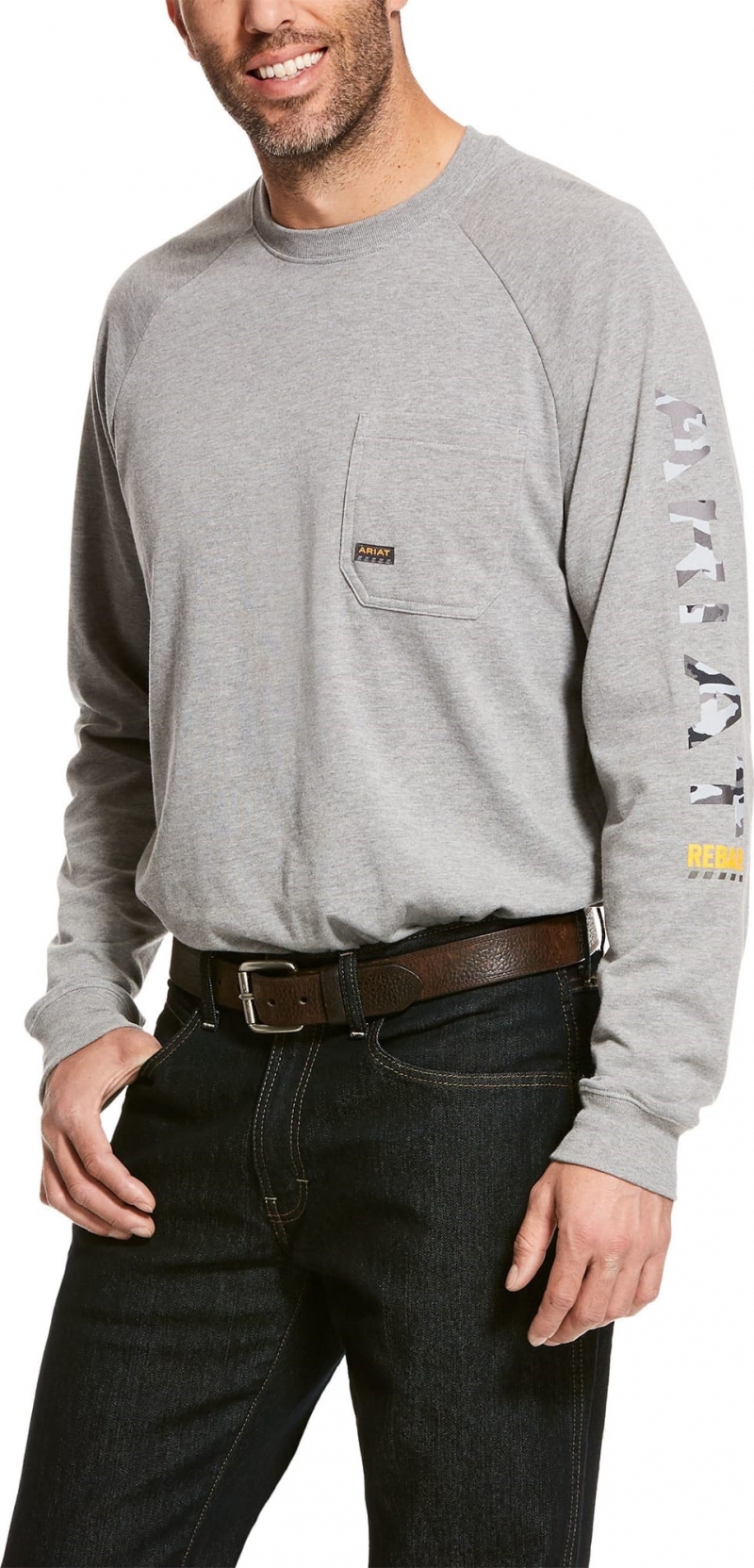 Ariat Rebar Cotton Strong Graphic Logo Crewneck Pocket L/S T-Shirt - Heather Grey