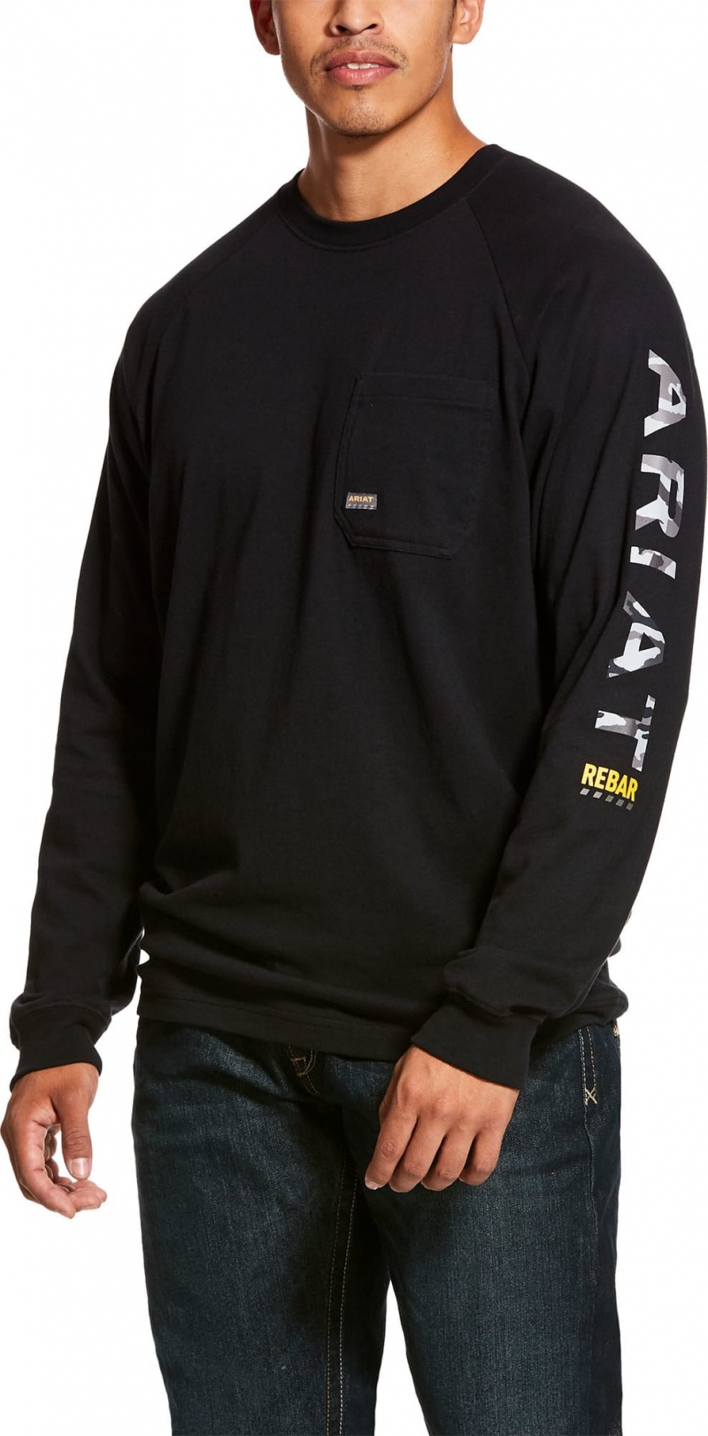 Ariat Rebar Cotton Strong Graphic Logo Crewneck Pocket L/S T-Shirt - Black