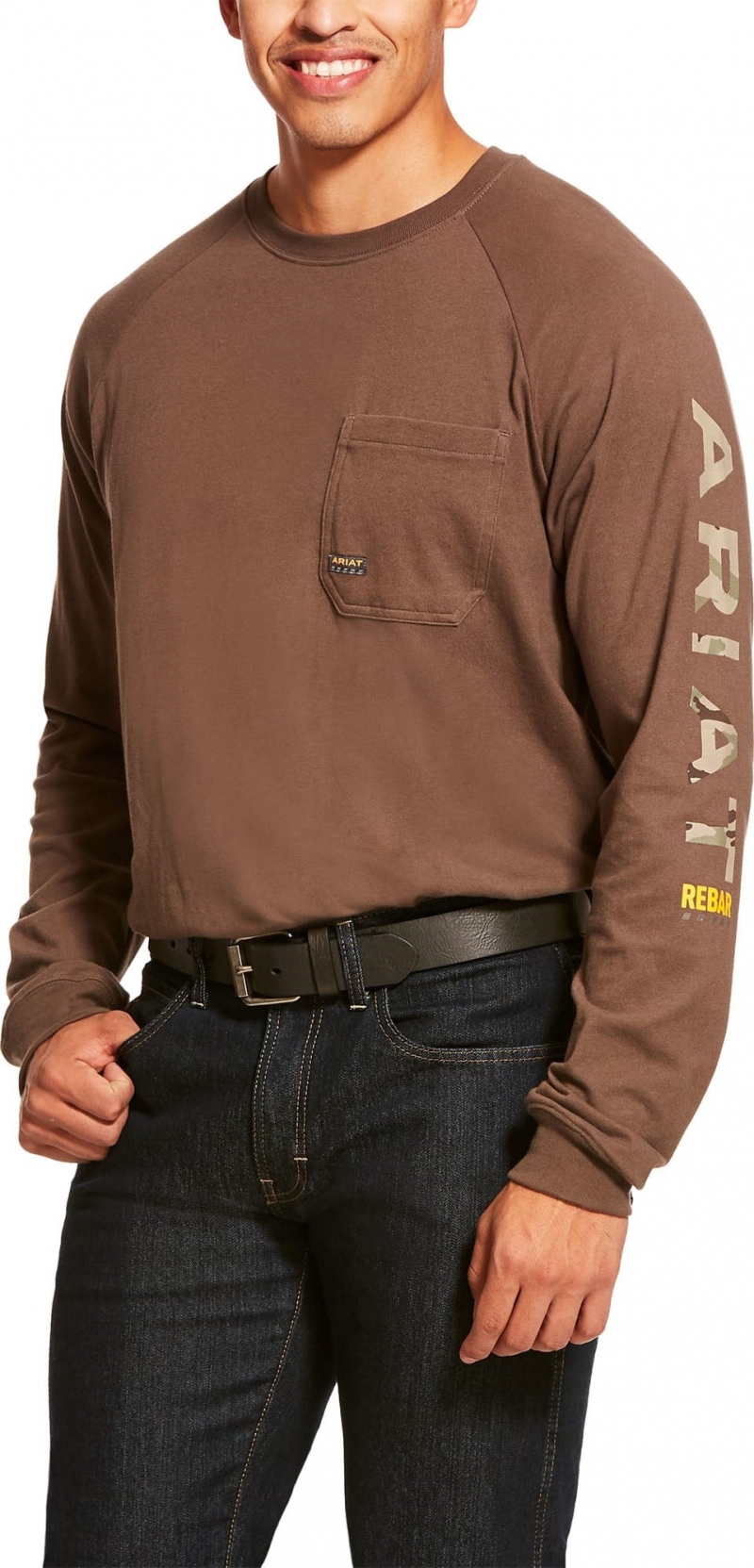 Ariat Rebar Cotton Strong Graphic Logo Crewneck Pocket L/S T-Shirt - Moss