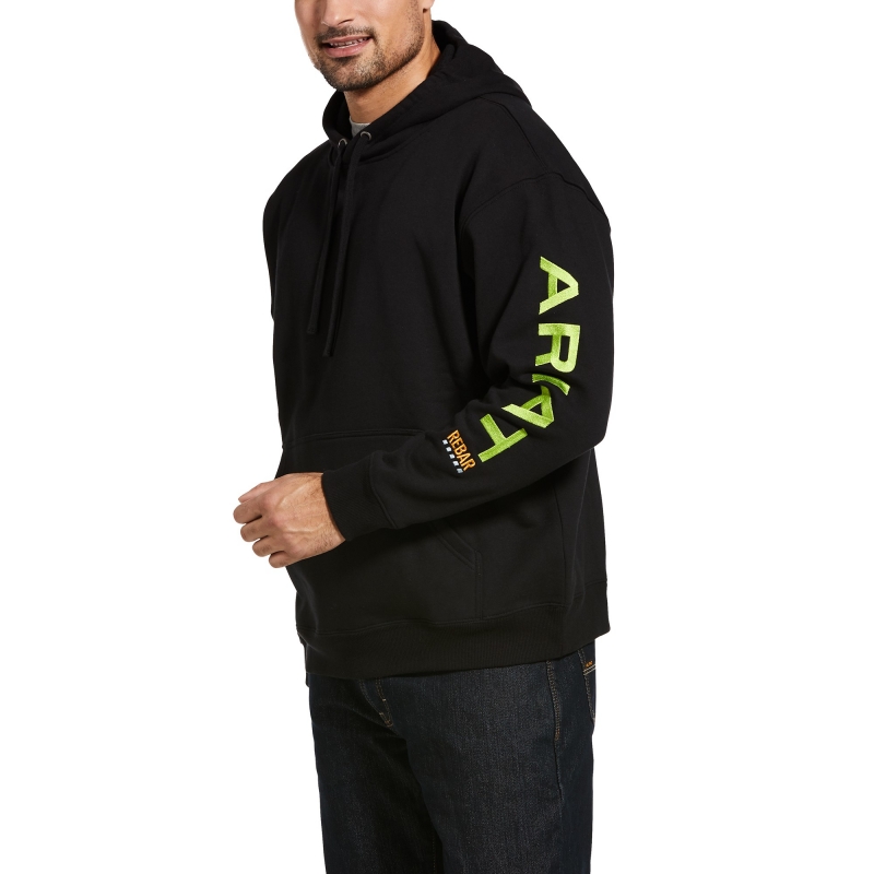 Ariat Rebar Graphic Sleeve Hooded Pullover Sweatshirt - Black/Lime