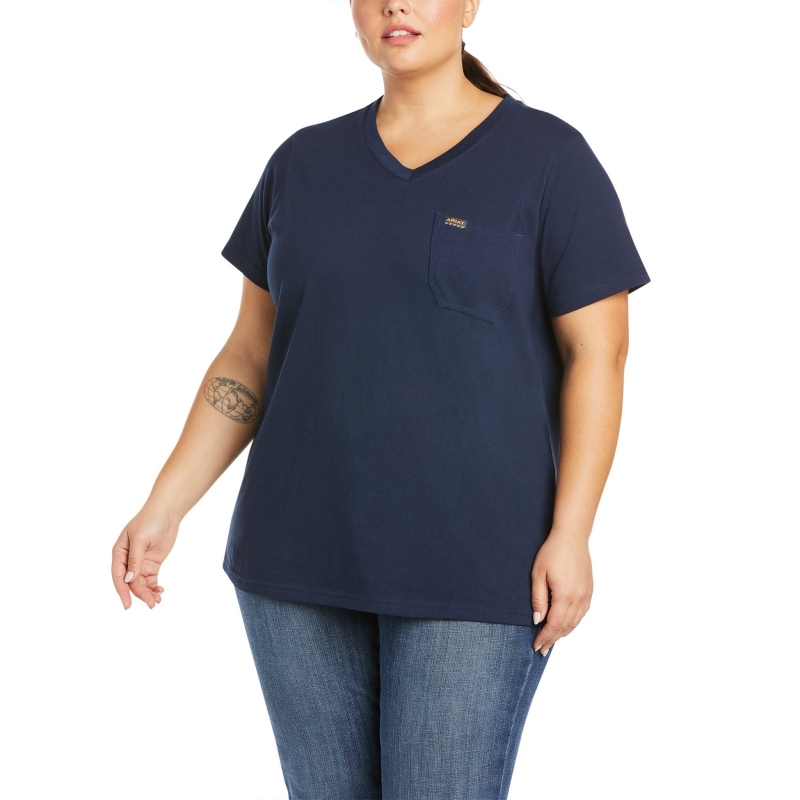 Ariat Women's Rebar Cotton Strong Pocket V-Neck S/S Shirt - Navy