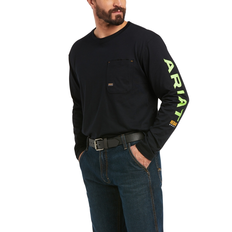 Ariat Rebar Workman Graphic Logo Crewneck Pocket L/S Shirt - Black/ Lime