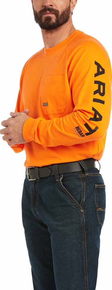 Ariat Rebar Cotton Strong Graphic Logo Crewneck Pocket L/S Shirt - Safety Orange/ Black