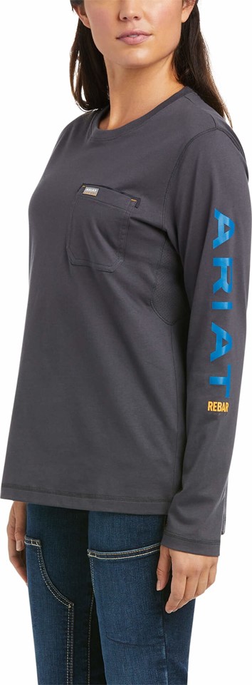 Ariat Women's Rebar Workman Logo L/S Shirt - Periscope Grey/ Mykonos Blue