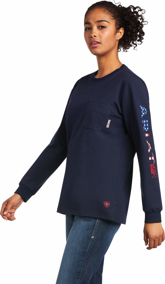 Ariat Women's FR Stretch Logo L/S Shirt - Navy/ USA