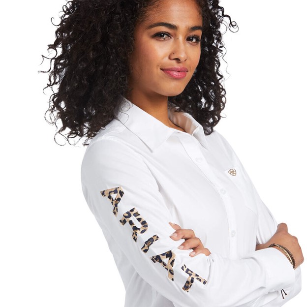 Ariat Women's Team Kirby Stretch Shirt - White/ Leopard Logo