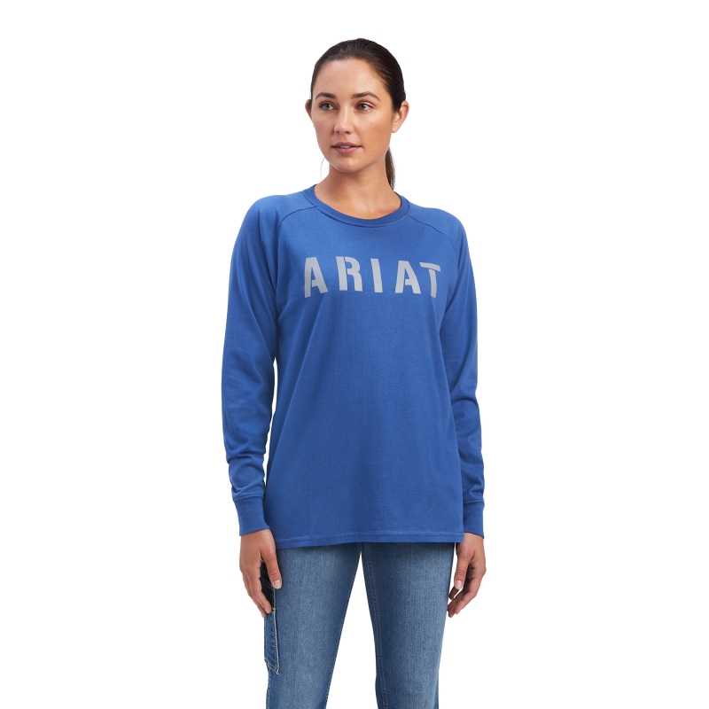 Ariat Rebar Cotton Strong Block Logo L/S Shirt - True Navy/ Alloy