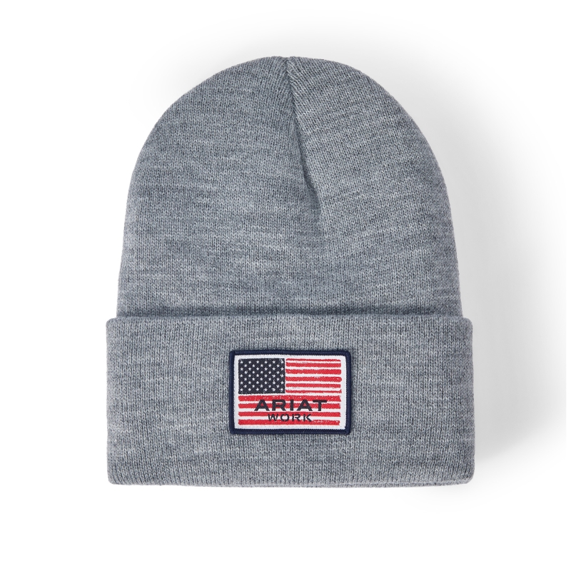 Ariat Rebar American Flag Patch Beanie - Heather Grey