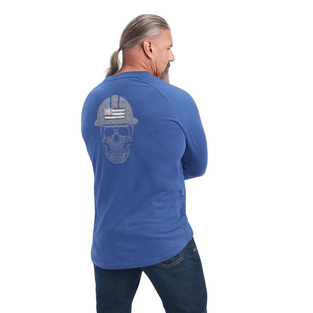 Ariat Rebar Cotton Strong Roughneck Graphic Crewneck Pocket L/S Shirt - True Blue/ Alloy