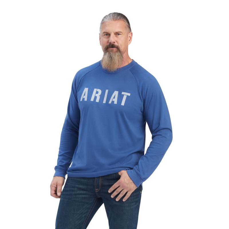 Ariat Rebar Cotton Strong™ Block Logo Crewneck L/S Shirt - Metal Blue