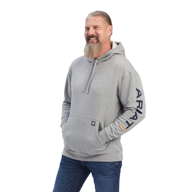 Ariat Rebar Graphic Pullover Hooded Sweatshirt - Heather Grey / Navy