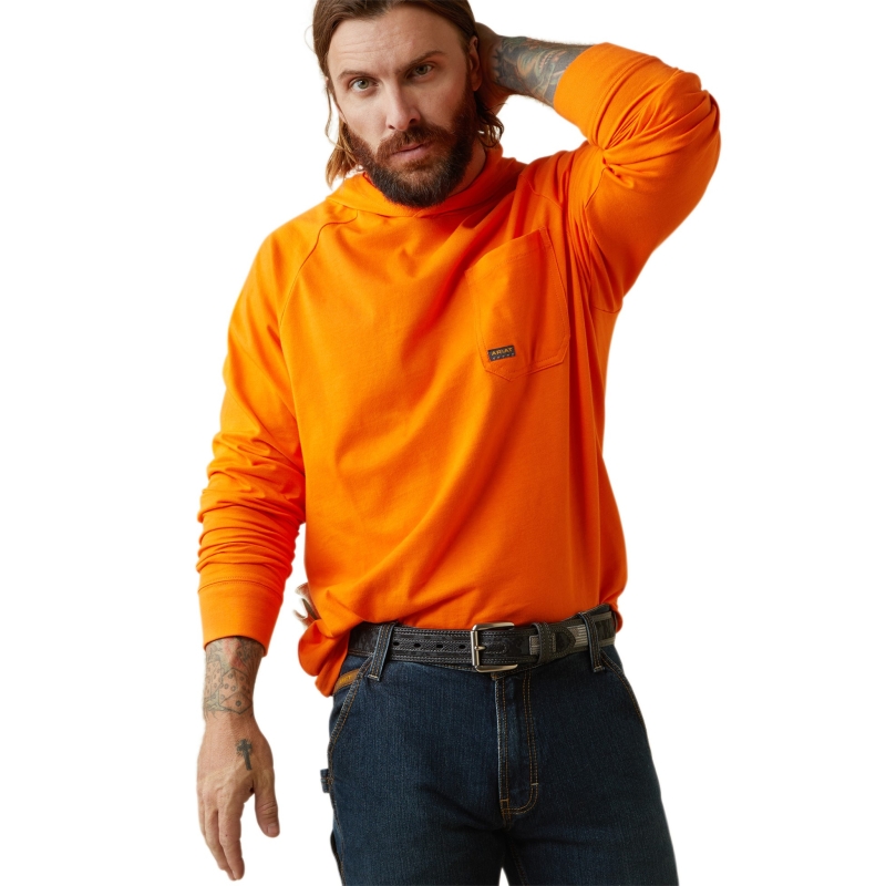 Ariat Rebar Cotton Strong Hooded Pocket L/S Shirt - Bright Orange