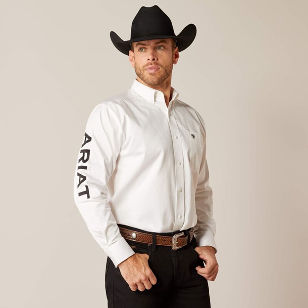 Ariat Team Logo Twill Classic Fit Button Front L/S Shirt - White/ Black