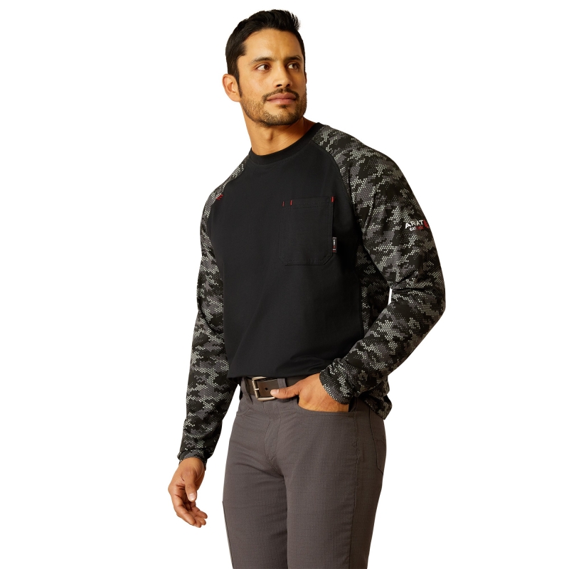 Ariat FR Stretch Camo Baseball L/S Shirt - Black/ Charcoal Grey Digi Camo