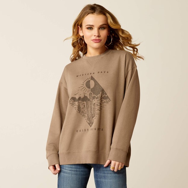 *SALE* LIMITED SIZES AND STOCK LEFT!! Ariat Women's Western Days Quiet Nights Oversize Sweatshirt - Dark Khaki Heather