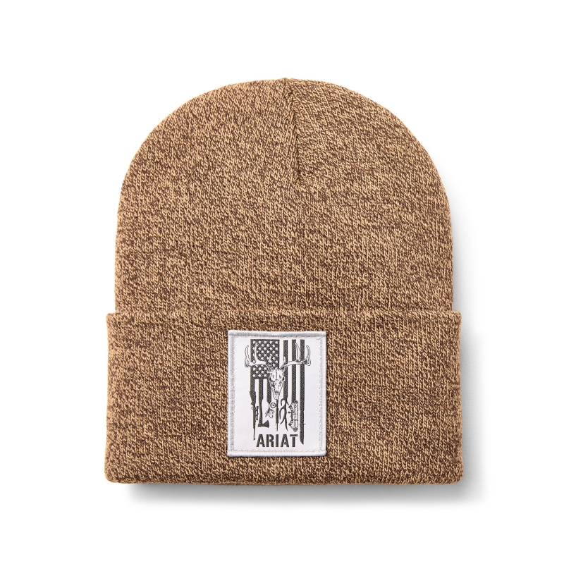 Ariat American Outdoors Patch Beanie - Dark Brown/ Sandstone