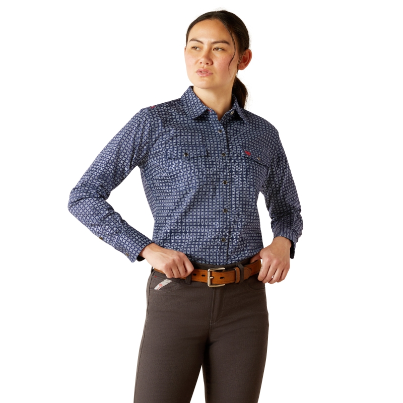 *SALE* ONLY SIZE XL LEFT * Ariat FR Beverly Snap Front L/S Work Shirt- Navy Print