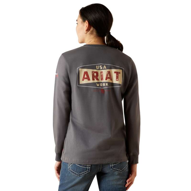Ariat Women's FR Pima Stretch USA Logo Pocket Base Layer L/S Shirt - Charcoal Heather