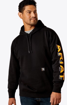 Ariat Rebar Lightweight Logo Hooded Pull-Over Sweatshirt - Black/ Rebar Orange