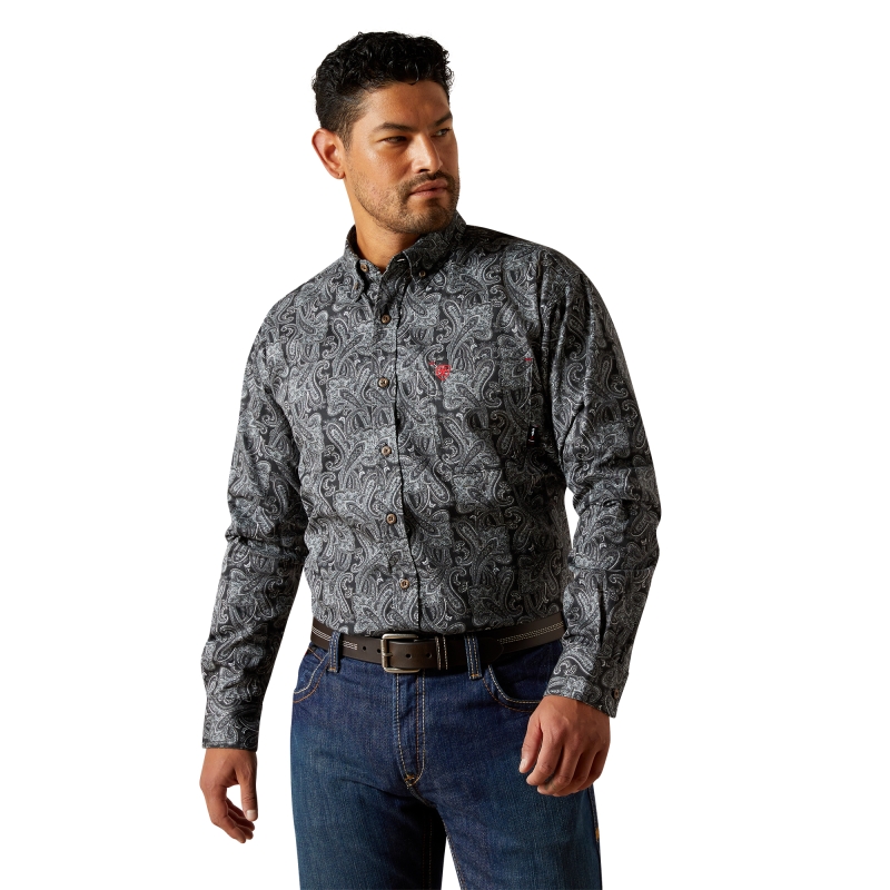 Ariat FR Bogart Classic Fit Button Front Paisley Print L/S Work Shirt - Black