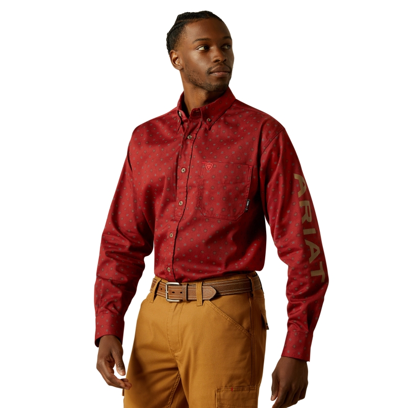 Ariat FR Connery Button Front Logo L/S Work Shirt - Russet Brown Print
