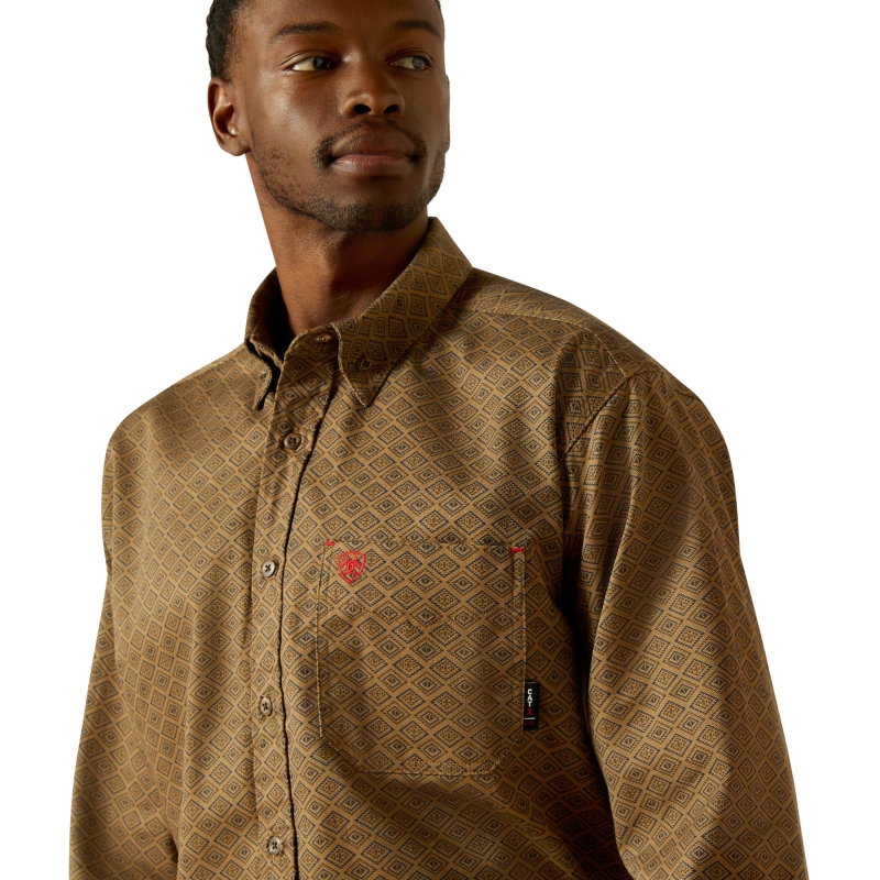 Ariat FR Deniro  Button Front Print L/S Work Shirt -  Rebar Khaki