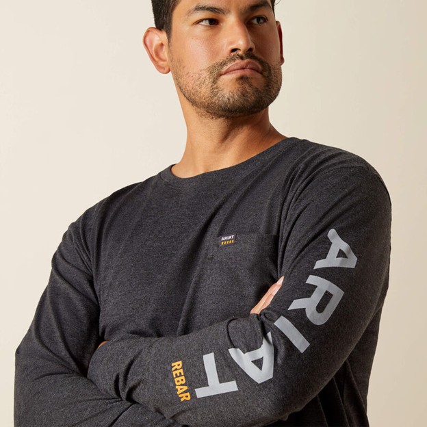 Ariat Rebar Cotton Strong Standard Logo Pocket L/S Shirt - Charcoal Heather/ Alloy