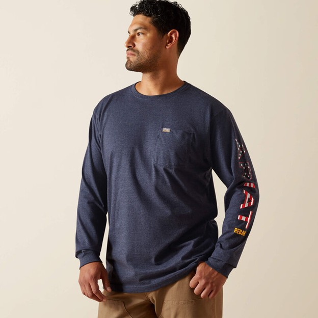 Ariat Rebar Strong Standard Logo Pocket L/S Shirt - Navy Heather/ USA