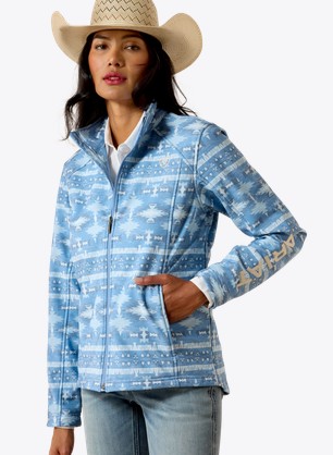 *SALE* ONLY MED, LG, XL, & XXL LEFT!! Ariat Women's Logo Softshell Print Jacket - Ashleigh Blue Southwest Geo