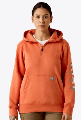 Ariat Women's Rebar Lightweight Logo 1/2 Zip Hoodie - Langunisto Heather/ Tropical Peach