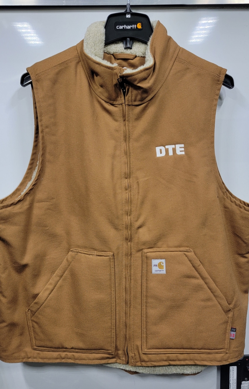 **ONLY ONE AVAILABLE SIZE XL-TALL**Carhartt FR Traditional Mockneck Duck Vest/ Sherpa-Lined **DTE Logo Embroidered on Left Chest** - Carhartt Brown