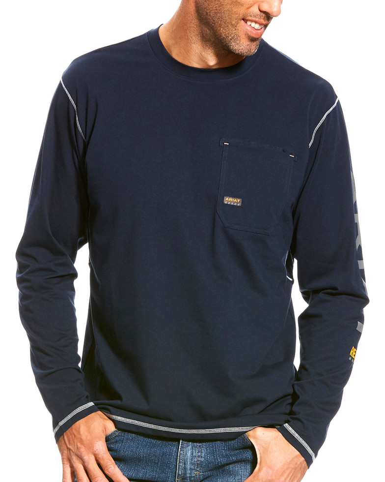 Ariat Rebar Workman Graphic Logo Crewneck Pocket L/S Shirt - Navy/ Grey